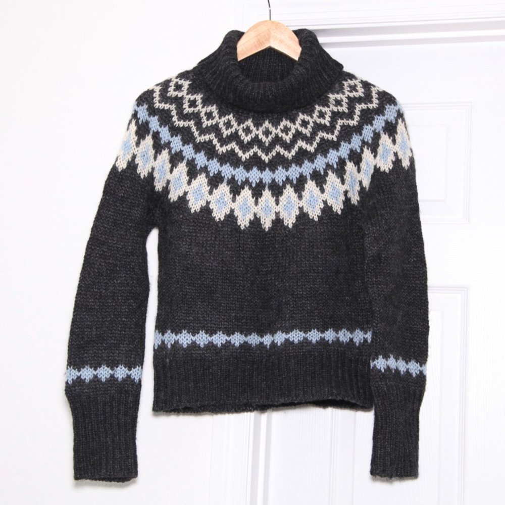 J. Crew Black Fair Isle Turtleneck Sweater with Light Blue and Cream Pattern